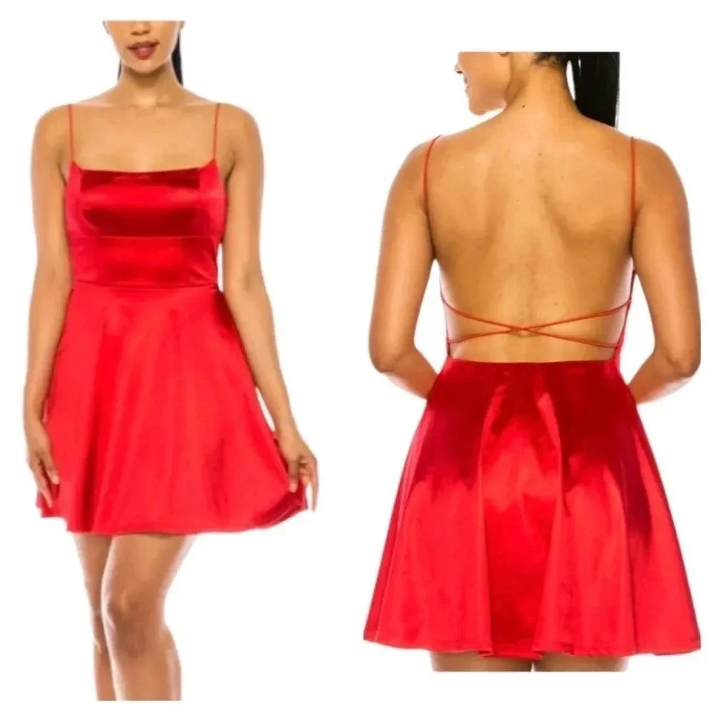 B DARLIN | Bungee Spaghetti Strap Scoop Neck X-Back Satin Skater Dress Size M